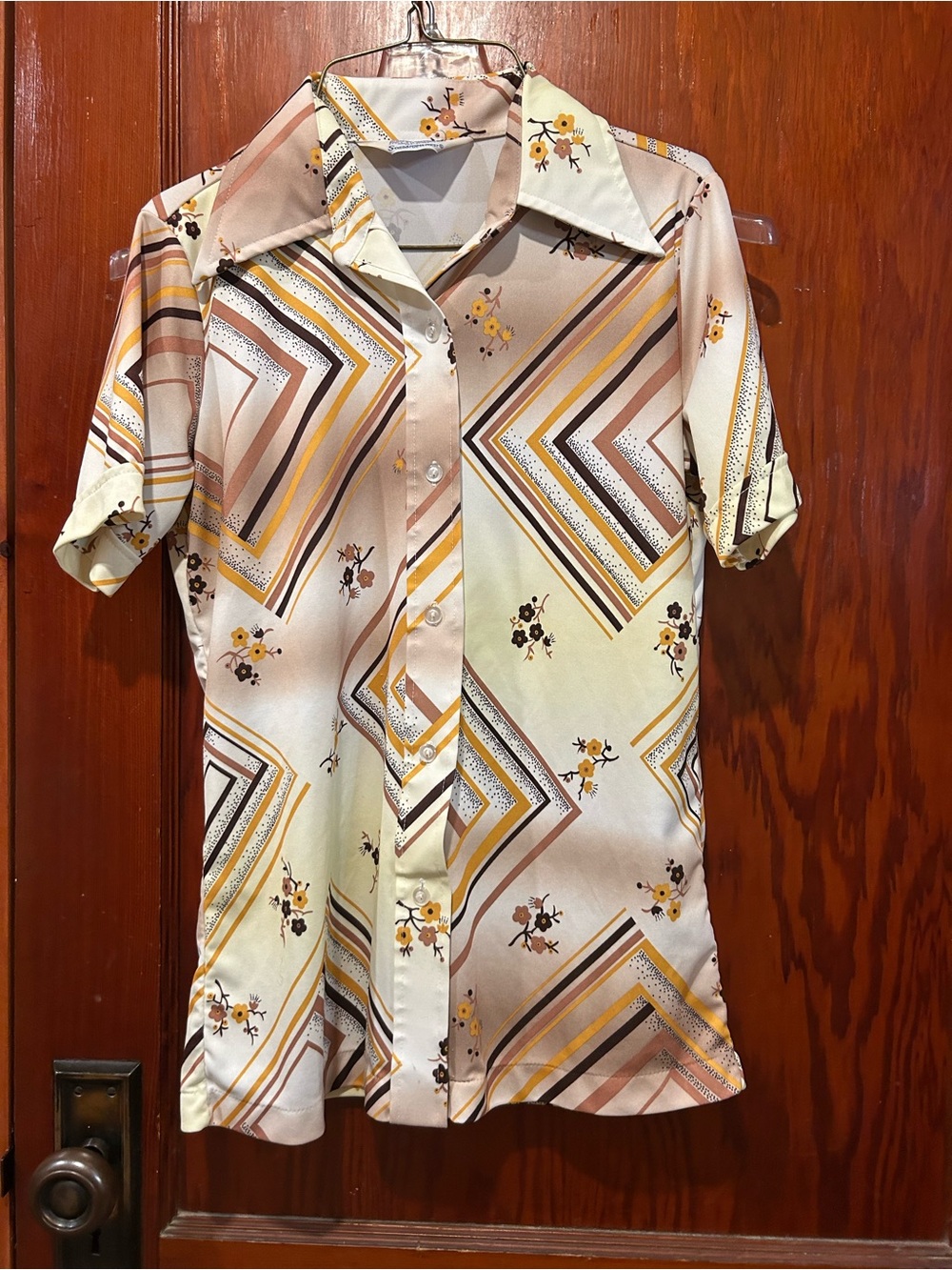 Vintage sears brown yellow floral striped dagger collar blouse women’s